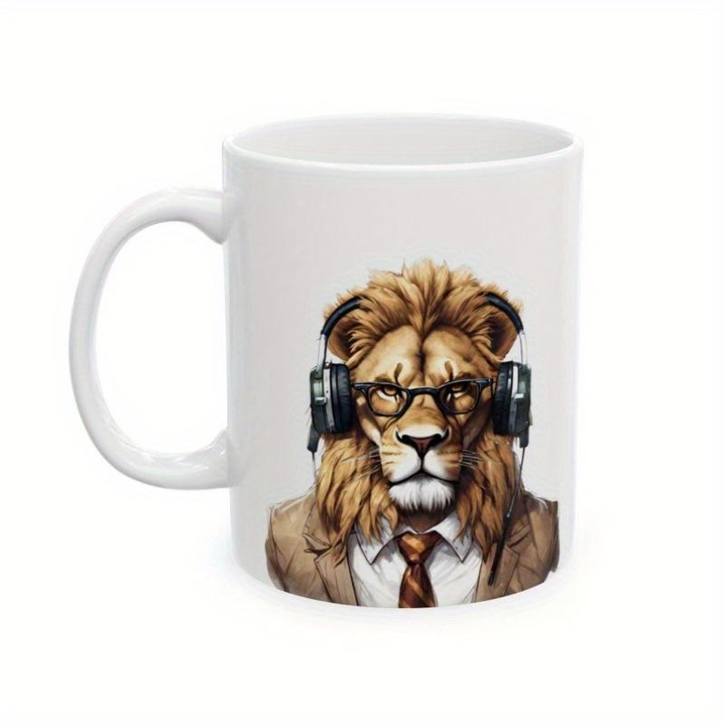 Tailorly White Ceramic 11 oz Mug - Sophisticated Professional Animal Wearing Brown Suit And Modern Headphones Glasses Lion