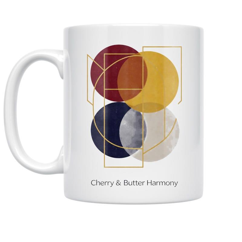 Tailorly White Ceramic 11 oz Mug - Cherry Butter Harmony Abstract Minimalist Geometric Circles With Elegant Golden Line Overlays Pattern