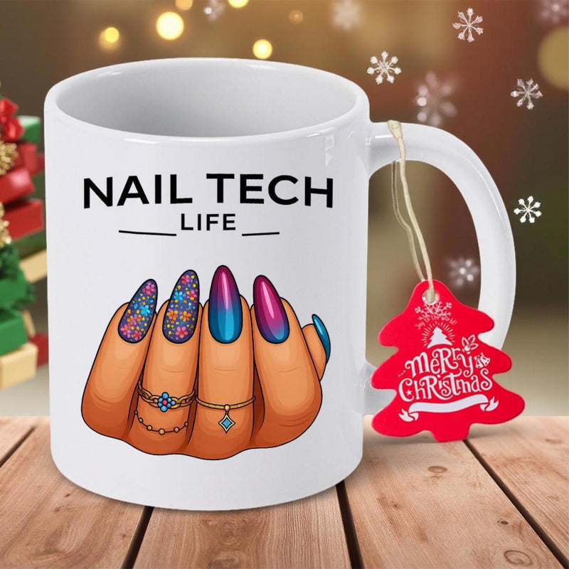 Tailorly White Ceramic 11 oz Mug - Nail Tech Life Stylized Manicured Hand Wearing Golden Rings And Decorative Colorful Polish Hand