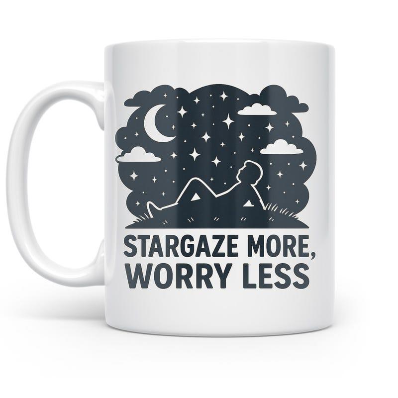 Tailorly White Ceramic 11 oz Mug - Stargaze More Worry Less Peaceful Silhouette Lying Under Crescent Moon And Sparkling Night Sky Stargazer