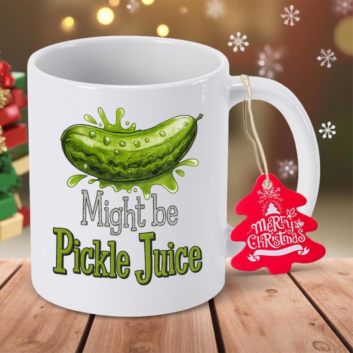 Tailorly White Ceramic 11 oz Mug - Might Be Pickle Juice Merry Christmas Vibrant Green Splashing Vegetable With Water Droplets Among Fresh Juice Splashes Pickle