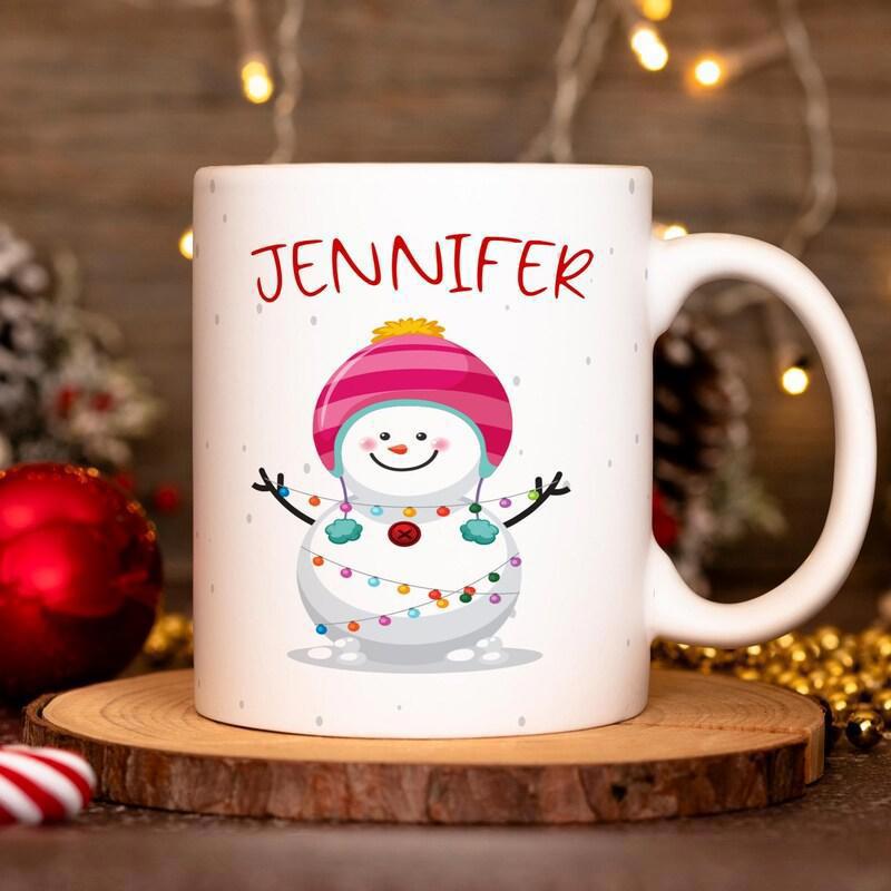 Tailorly White Ceramic 11 oz Mug - Jennifer Smiling Festive Cartoon Snowman Wrapped In Glowing Colorful Holiday Lights Snowman