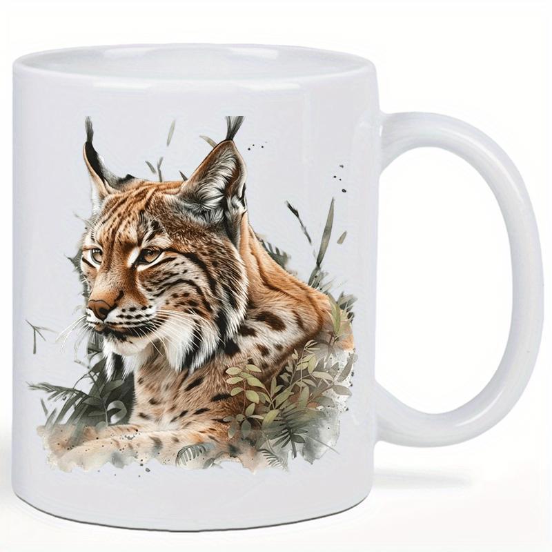 Tailorly White Ceramic 11 oz Mug - Graceful Wild Feline Resting Among Subtle Forest Grass And Greenery Lynx