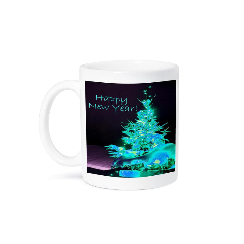 Tailorly White Ceramic 11 oz Mug - Happy New Year Glowing Neon Christmas Tree Shining Brightly Against A Dark Evening Background Tree
