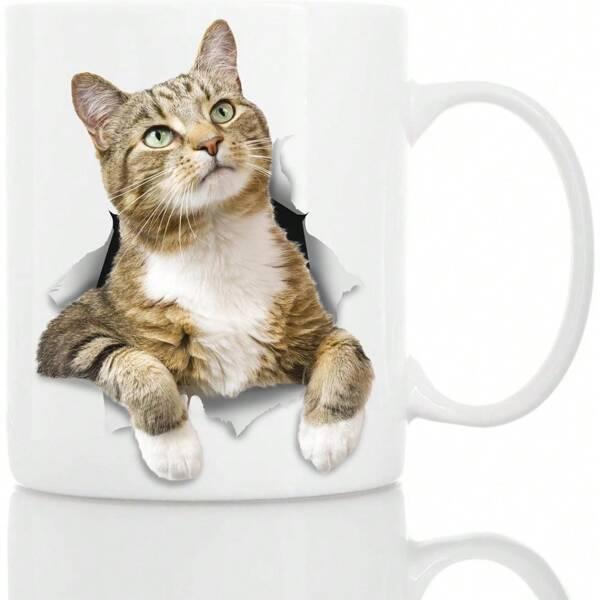 Tailorly White Ceramic 11 oz Mug - Realistic Brown Tabby Cat Peeking Through Torn Paper Effect White Cat