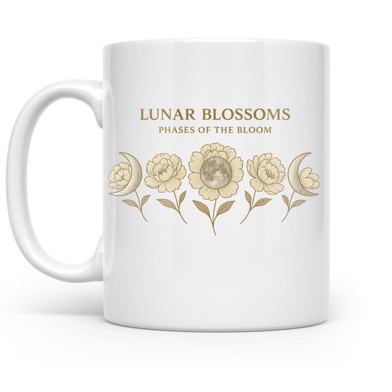 Tailorly White Ceramic 11 oz Mug - Lunar Blossoms Phases Of The Bloom Delicate Crescent Moons Integrated With Graceful Hand Drawn Symmetrical Garden Blossom