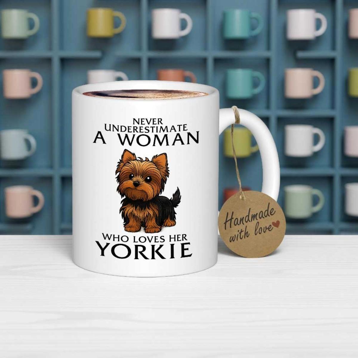 Tailorly White Ceramic 11 oz Mug - Never Underestimate A Woman Who Loves Her Yorkie Adorable Small Brown Furry Puppy Sitting On A Flat White Surface Yorkie