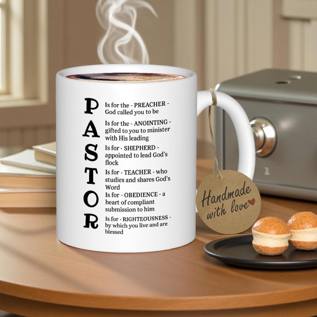 Tailorly White Ceramic 11 oz Mug - Pastor Preacher Anointing Shepherd Teacher Obedience Righteousness Simple White Ceramic Cup Resting On A Rustic Table Mug