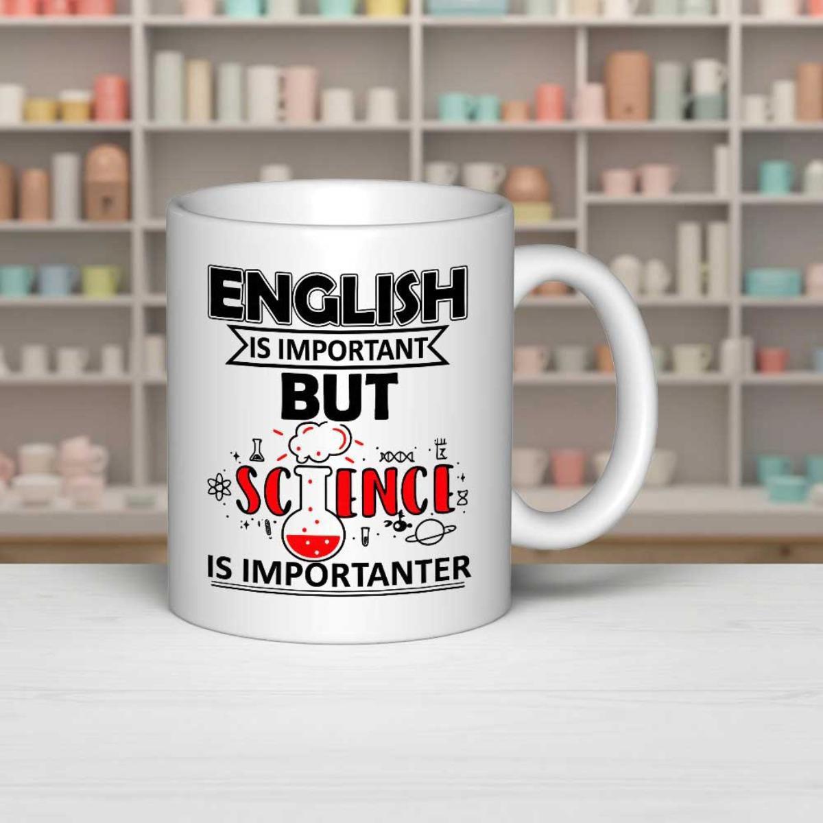 Tailorly White Ceramic 11 oz Mug - English Is Important But Science Is Importanter Bubbling Laboratory Beaker Surrounded By Science Icons And Atoms Under Smoke