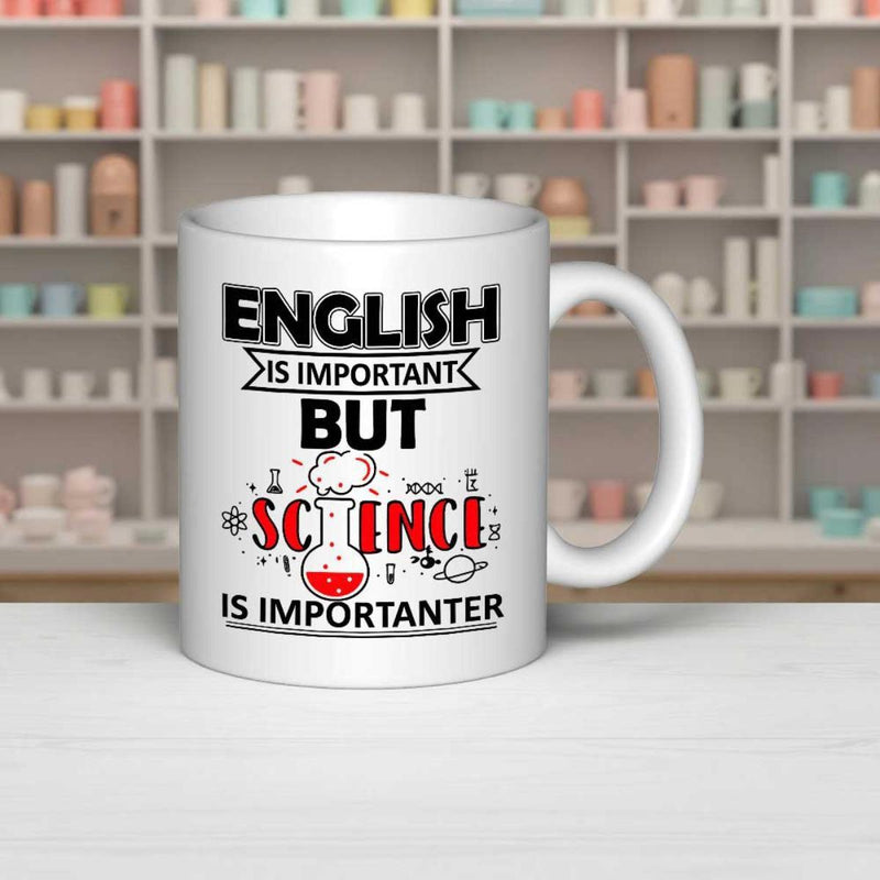 Tailorly White Ceramic 11 oz Mug - English Is Important But Science Is Importanter Bubbling Laboratory Beaker Surrounded By Science Icons And Atoms Under Smoke