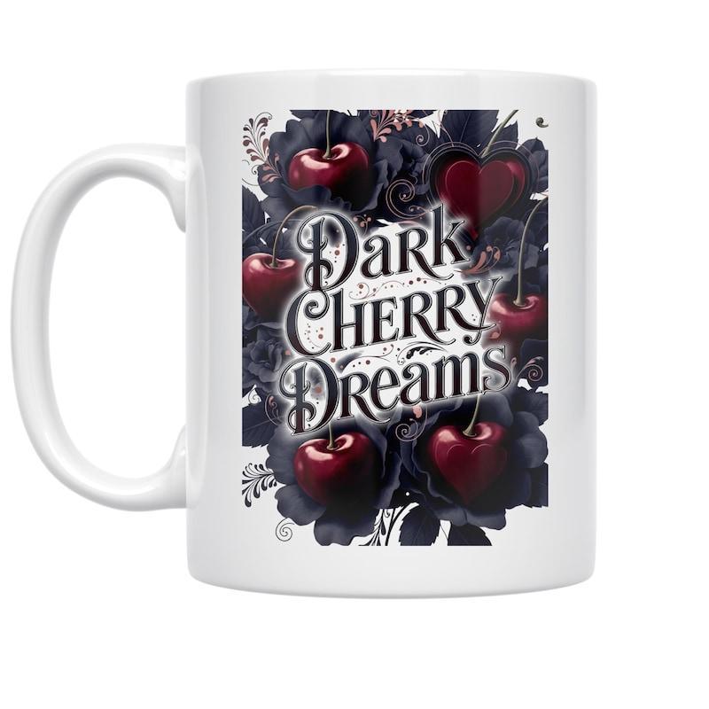 Tailorly White Ceramic 11 oz Mug - Dark Cherry Dreams Gothic Styled Dark Red Cherries Nestled Among Deep Midnight Flowers Cherry