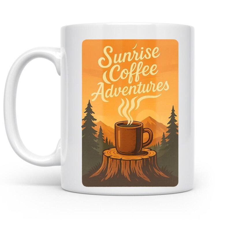 Tailorly White Ceramic 11 oz Mug - Sunrise Coffee Adventures Steaming Brown Cup On Tree Stump In Forest Mountain Landscape Mug