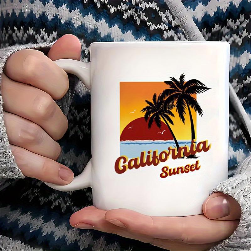 Tailorly White Ceramic 11 oz Mug - California Sunset Vintage Retro Tropical Landscape With Two Palm Trees And Glowing Sun Scene