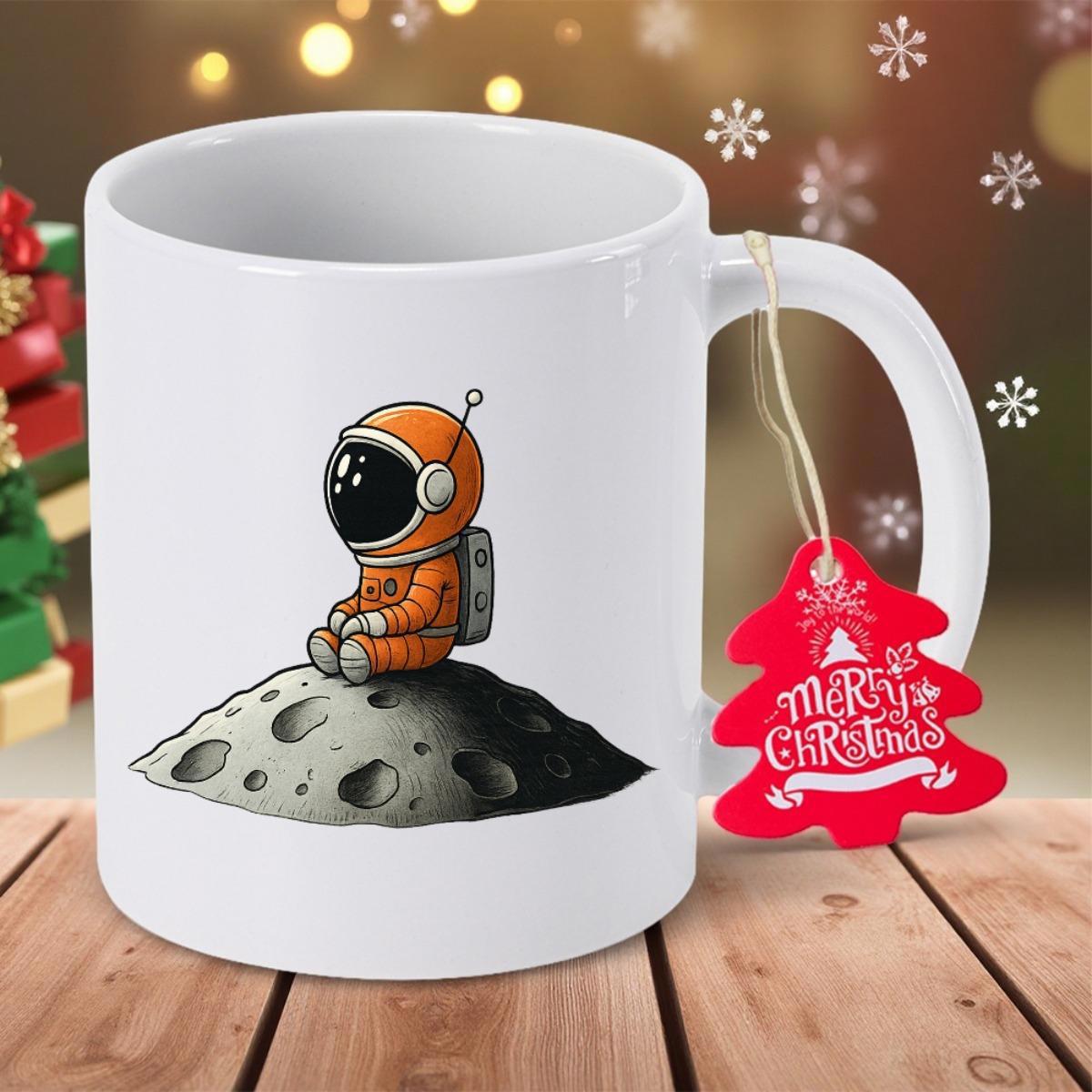 Tailorly White Ceramic 11 oz Mug - Merry Christmas Cute Orange Space Explorer Resting On Cratered Moon Astronaut