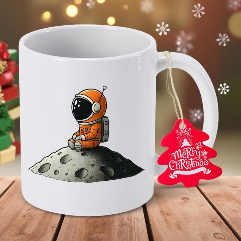 Tailorly White Ceramic 11 oz Mug - Merry Christmas Cute Orange Space Explorer Resting On Cratered Moon Astronaut