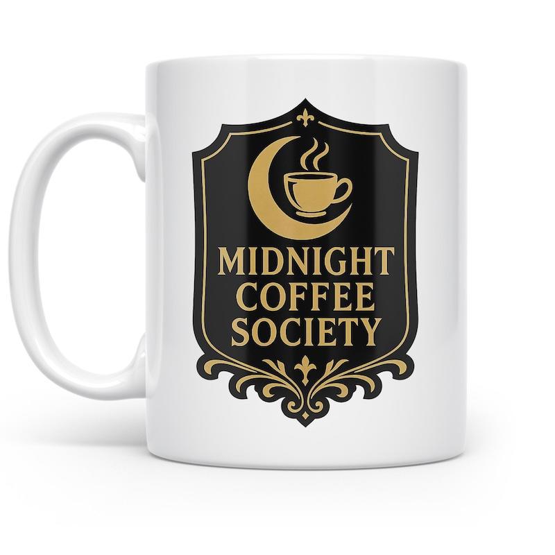 Tailorly White Ceramic 11 oz Mug - Midnight Coffee Society Vintage Shield Design With Golden Moon And Steaming Hot Cup Mug