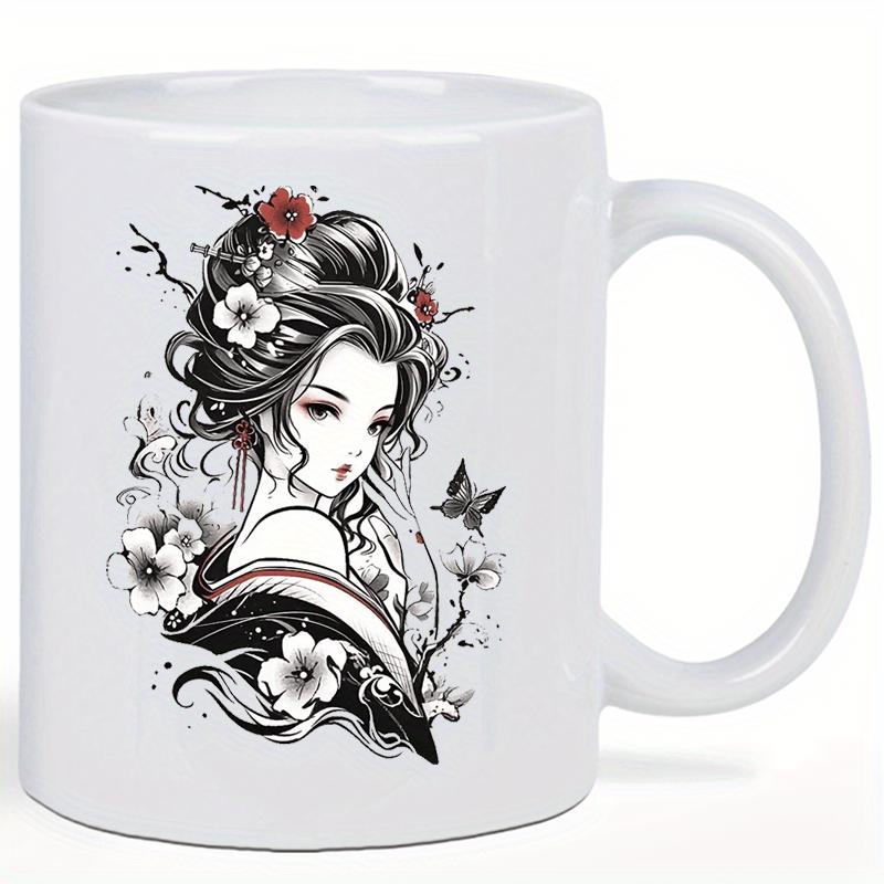 Tailorly White Ceramic 11 oz Mug - Elegant Japanese Lady Among Blooming Cherry Blossoms With A Graceful Butterfly Geisha