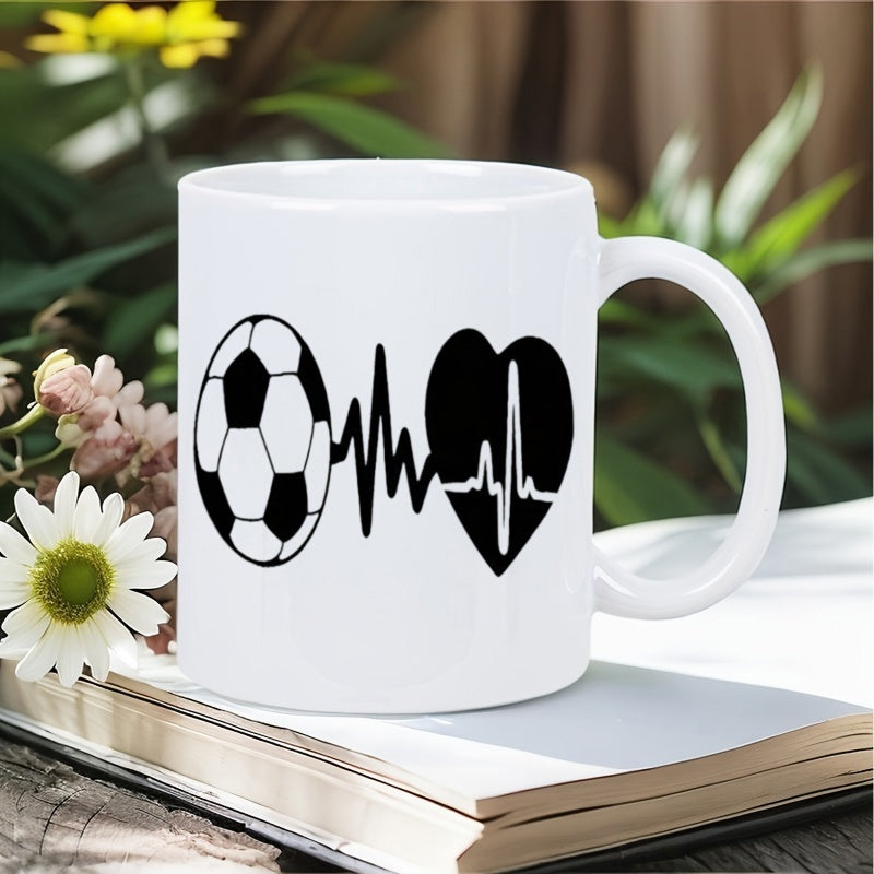 Tailorly White Ceramic 11 oz Mug - Minimalist Black Soccer Ball Connected To Heartbeat Line For Athletic Passionate Heart