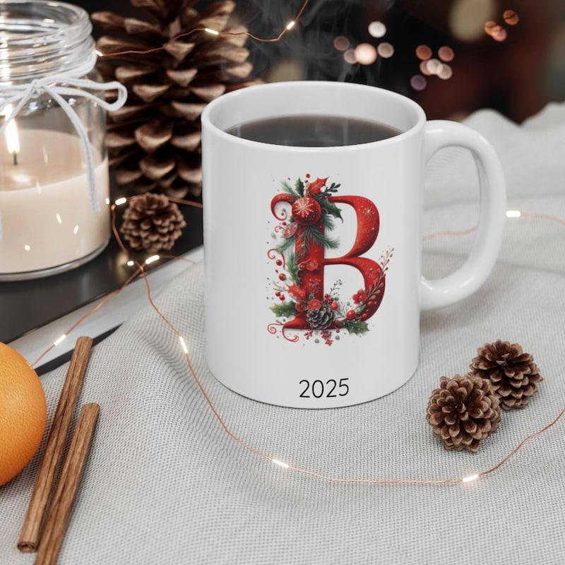 Tailorly White Ceramic 11 oz Mug - B 2025 Red Plaid Pattern Surrounded By Festive Winter Berries And Green Leaves Letter
