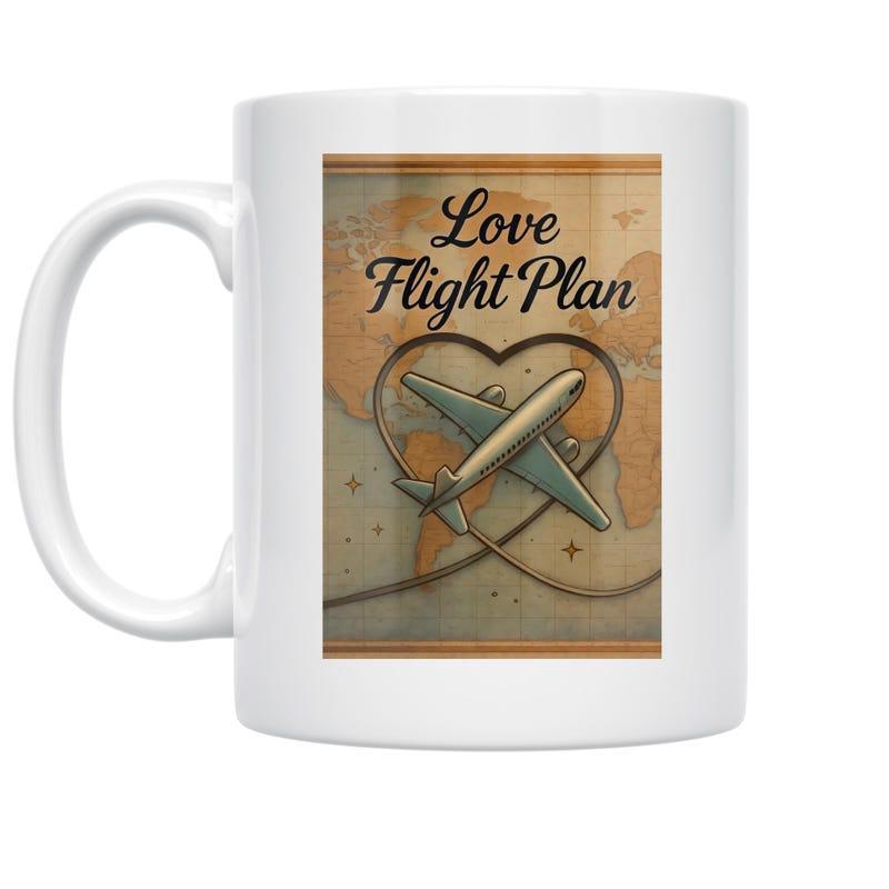 Tailorly White Ceramic 11 oz Mug - Love Flight Plan Vintage Style Map Background With Heart Shape Trailing Behind An Elegant Airplane