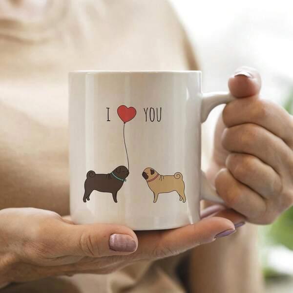 Tailorly White Ceramic 11 oz Mug - I Love You Two Adorable Small Pugs Standing Near Floating Red Heart Shaped Balloon Pug