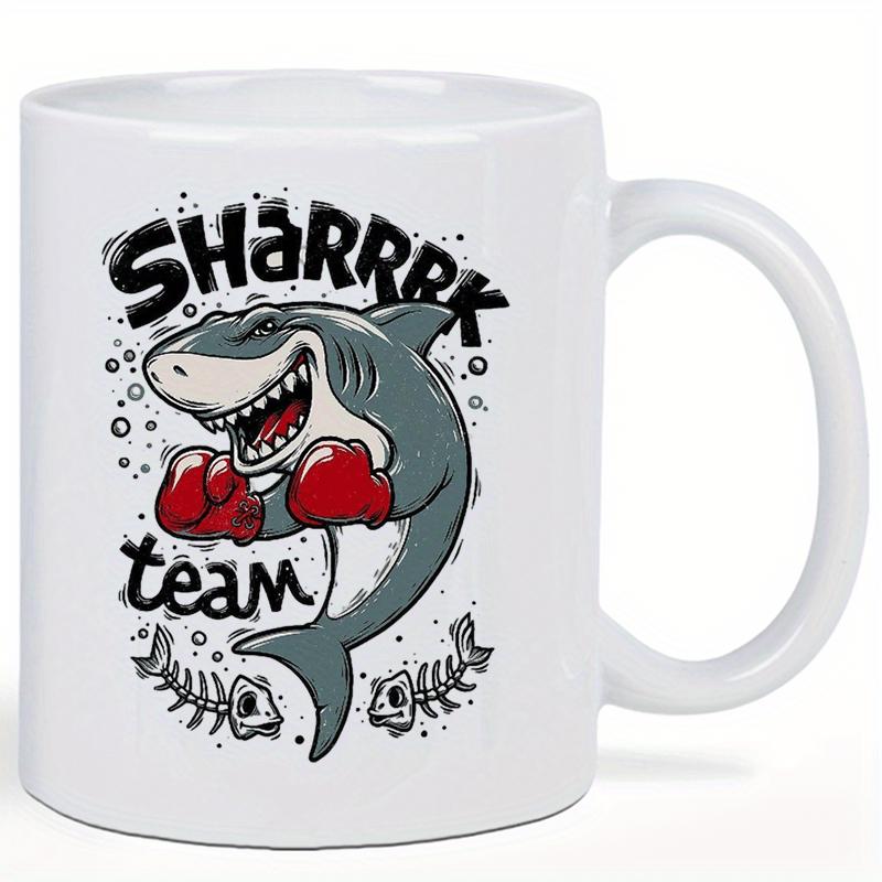 Tailorly White Ceramic 11 oz Mug - Sharrrk Team Fierce Cartoon Shark Wearing Red Boxing Gloves With Scattered Fish Skeletons Shark