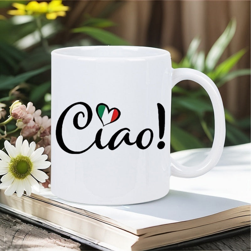 Tailorly White Ceramic 11 oz Mug - Ciao Elegant Black Script Font With Heart Shaped Italian National Colors Mug