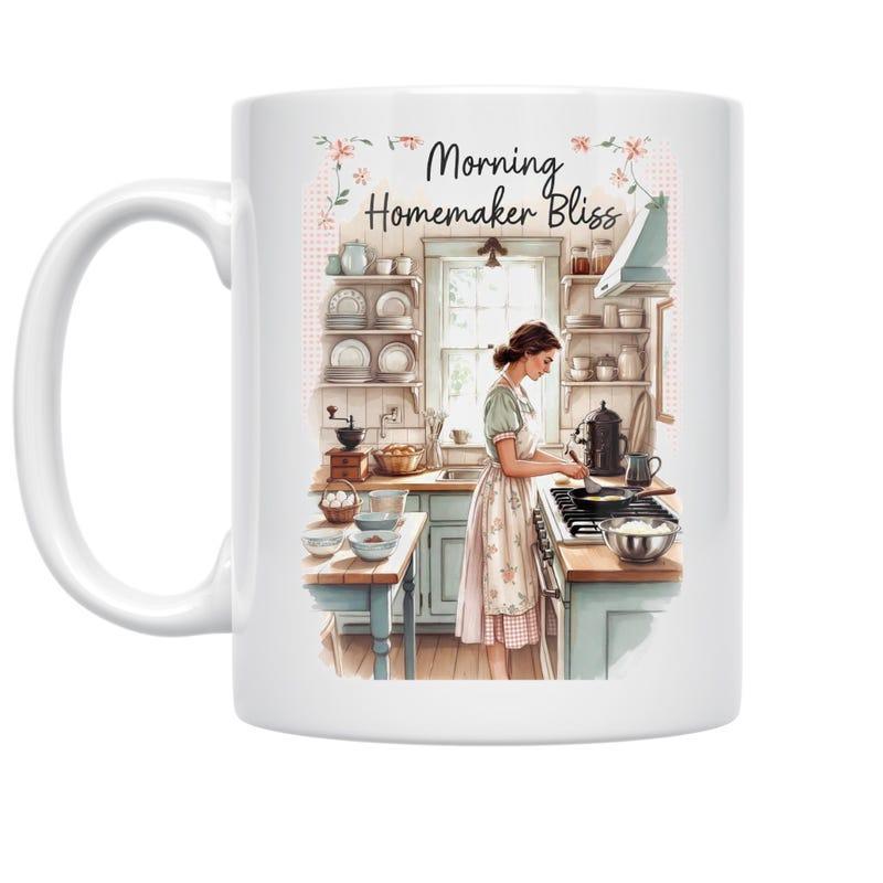 Tailorly White Ceramic 11 oz Mug - Morning Homemaker Bliss Vintage Lady Cooking In Cozy Kitchen Under Soft Morning Light Woman