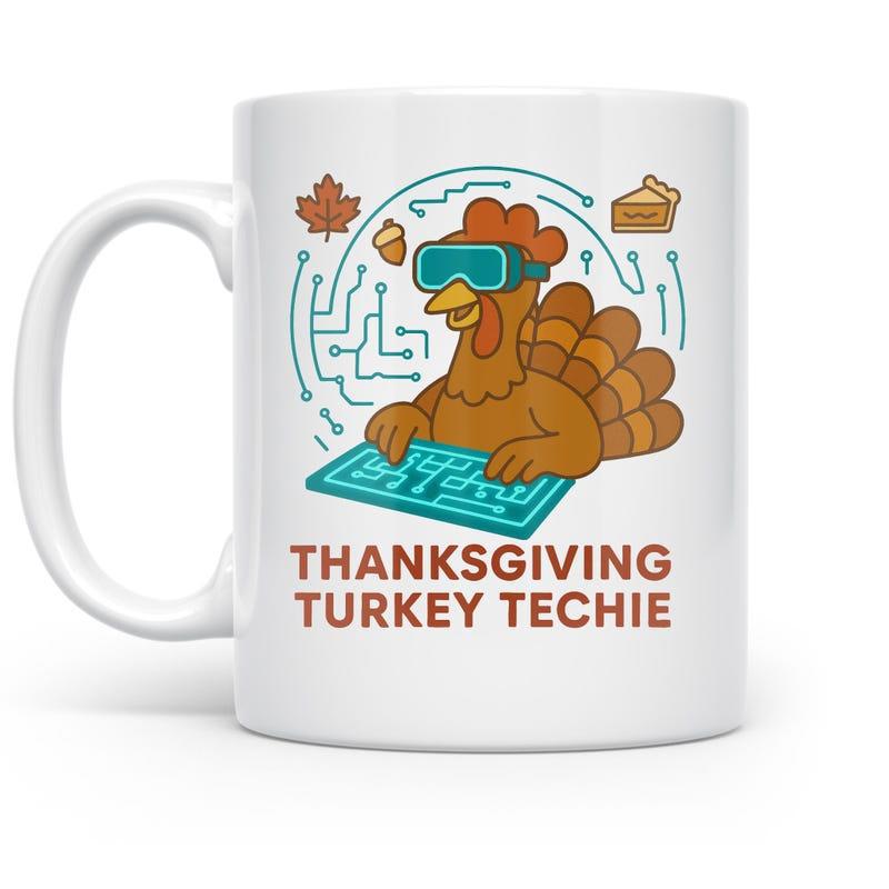 Tailorly White Ceramic 11 oz Mug - Thanksgiving Turkey Techie Cartoon Turkey Wearing Vr Goggles Using Glowing Circuit Board Turkey