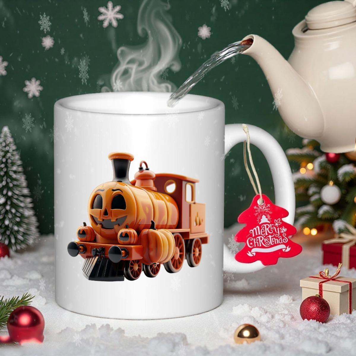 Tailorly White Ceramic 11 oz Mug - Merry Christmas Orange Festive Pumpkin Steam Engine On Snowy Background Locomotive