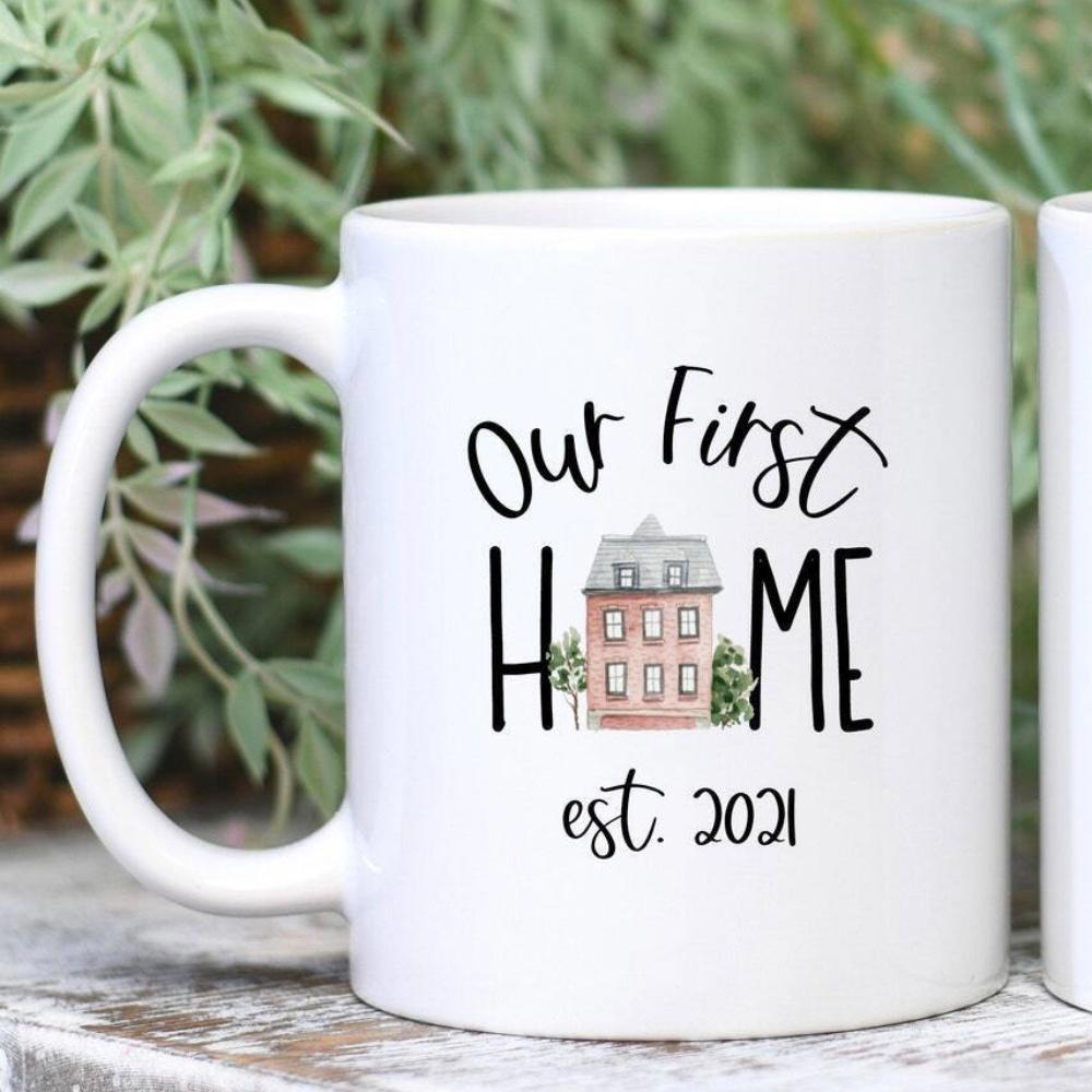 Tailorly White Ceramic 11 oz Mug - Our First Home Est 2021 Watercolor Style Vintage Building With Small Green Trees House