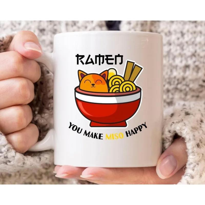 Tailorly White Ceramic 11 oz Mug - Ramen You Make Me Happy Cute Smiling Fox Peeking Out From A Delicious Red Noodle Bowl Ramen Bowl