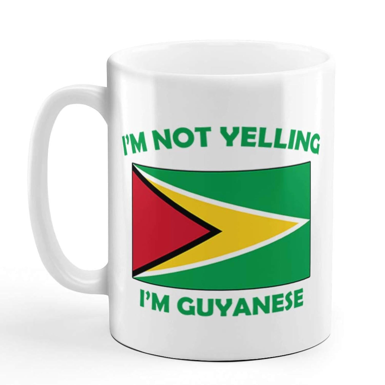 Tailorly White Ceramic 11 oz Mug - Im Not Yelling Im Guyanese Vibrant National Flag Featuring Golden Arrowhead Symbolic Graphics Flag