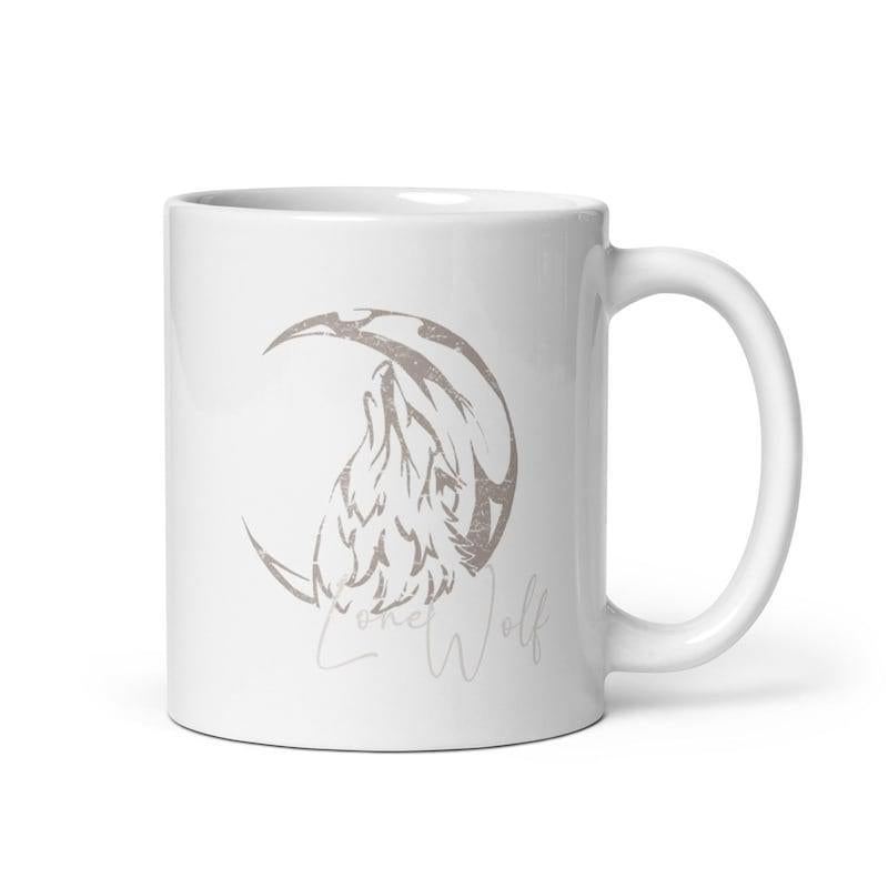 Tailorly White Ceramic 11 oz Mug - Wolf Majestic Howling Silhouette Under A Glowing Crescent Moon Night Wolf