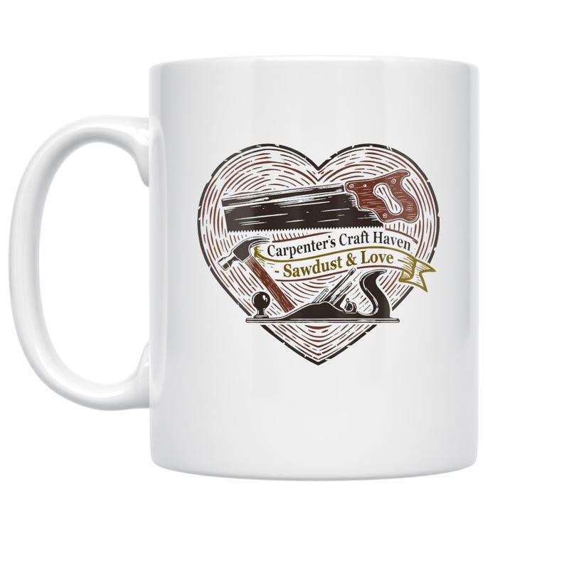 Tailorly White Ceramic 11 oz Mug - Carpenter's Craft Haven Sawdust Love Handcrafted Woodworking Tools Arranged Within A Rustic Heart Graphic Heart