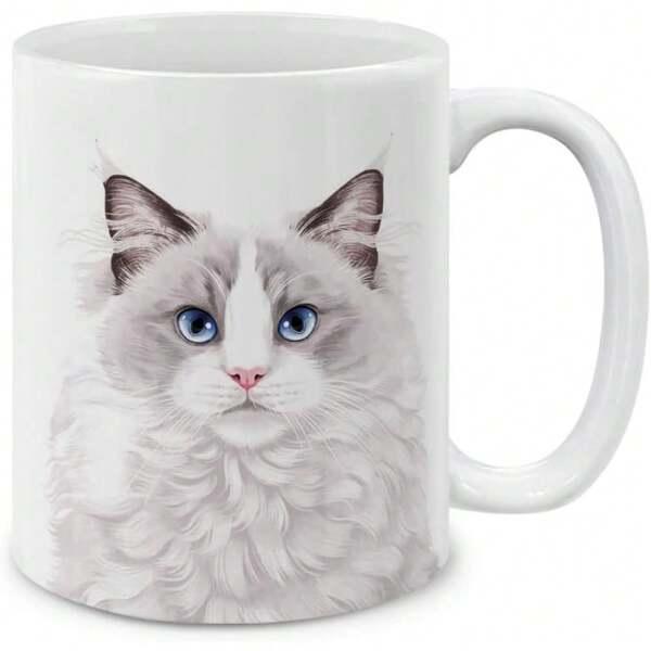 Tailorly White Ceramic 11 oz Mug - Majestic Fluffy Ragdoll With Deep Blue Eyes And Soft Fur Cat
