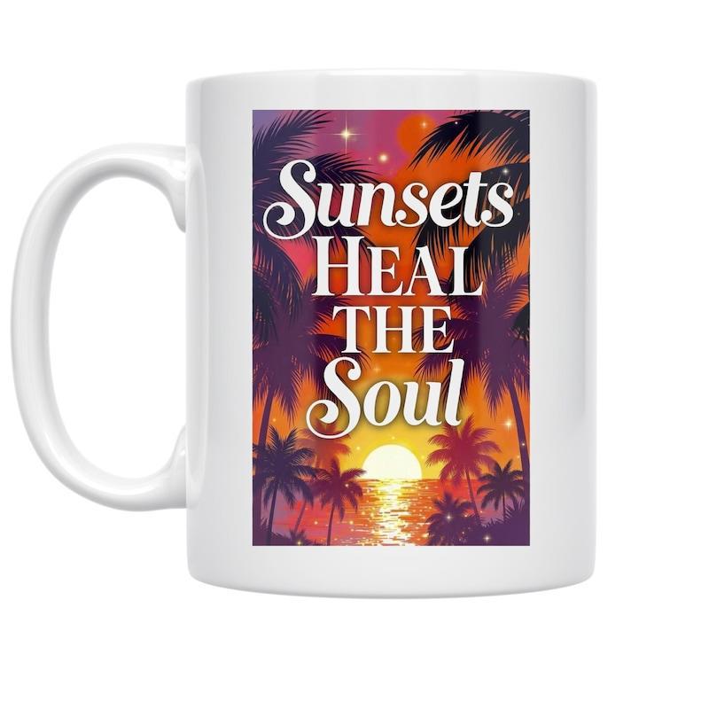 Tailorly White Ceramic 11 oz Mug - Sunsets Heal The Soul Vibrant Tropical Palms Framing A Golden Horizon Over Sparkling Water Sunset