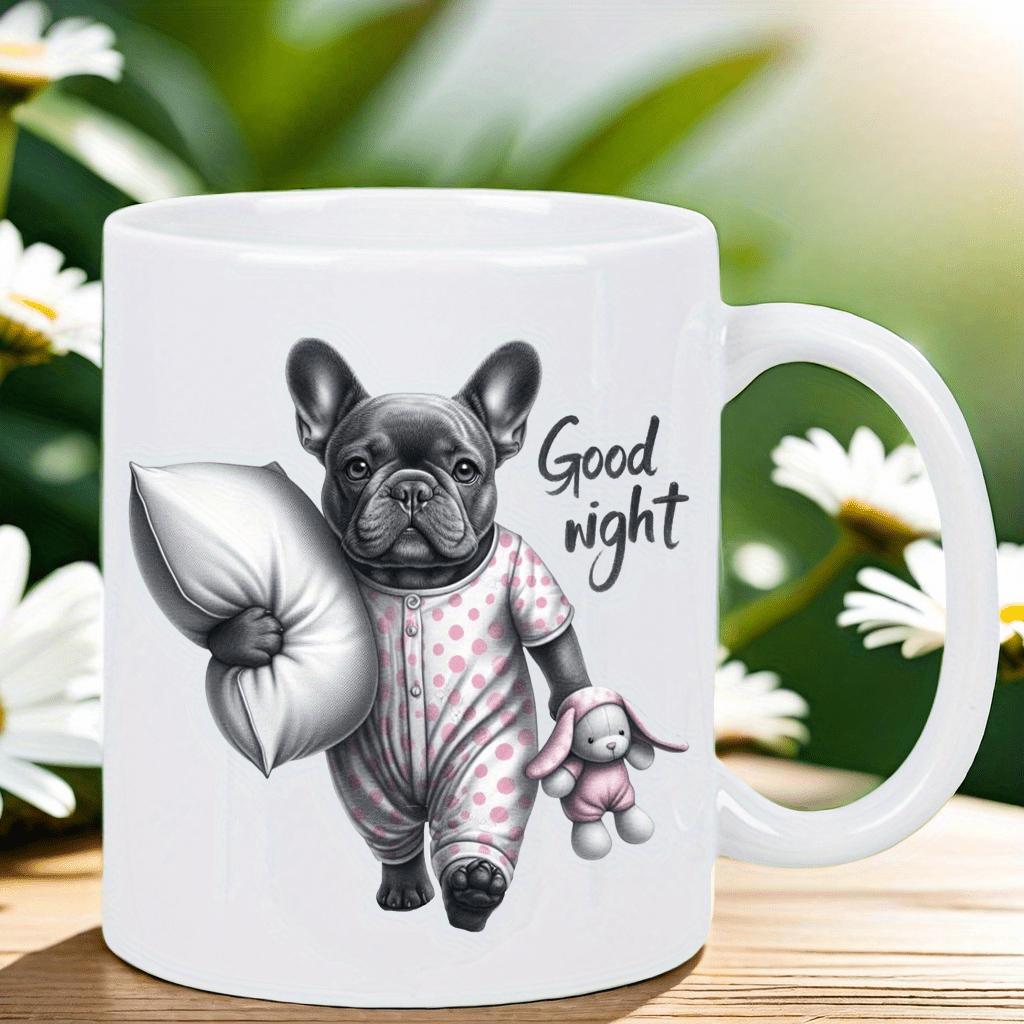 Tailorly White Ceramic 11 oz Mug - Good Night Gentle French Bulldog Wearing Dotted Pajamas Carrying Pillow And Plush Bunny Bulldog