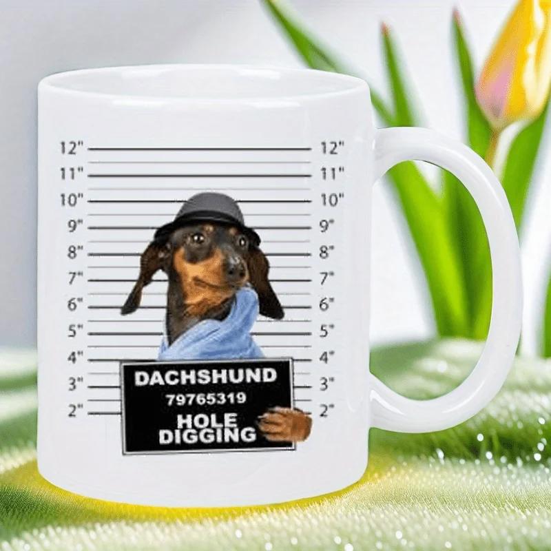 Tailorly White Ceramic 11 oz Mug - Dachshund Hole Digging Little Brown Dachshund Wearing Hat Standing Before Height Chart Police Mugshot Dachshund