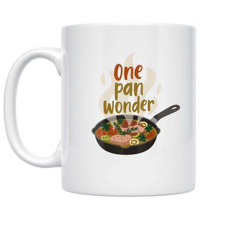 Tailorly White Ceramic 11 oz Mug - One Pan Wonder Sizzling Delicious Food Inside A Cast Iron Skillet With Rising Steam Pan