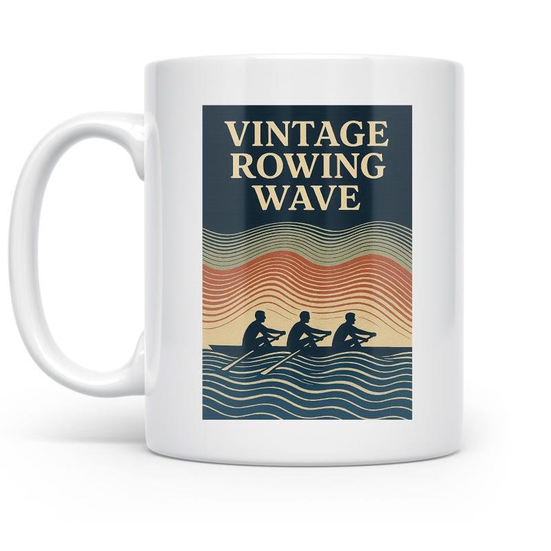 Tailorly White Ceramic 11 oz Mug - Vintage Rowing Wave Three Rowers Silhouette Gliding Over Retro Style Abstract Ocean Water Sunset Boat