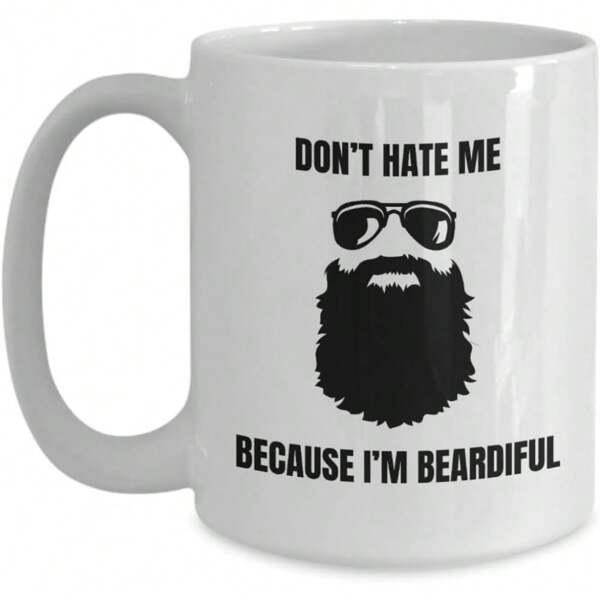 Tailorly White Ceramic 11 oz Mug - Dont Hate Me Because Im Beardiful Minimalist Black Sunglasses And Silhouette Of A Thick Rugged Masculine Beard