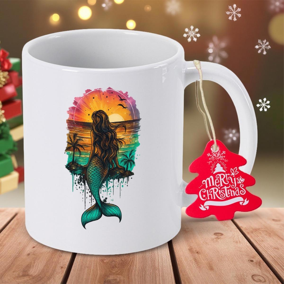 Tailorly White Ceramic 11 oz Mug - Merry Christmas Colorful Tropical Island Scene With Palm Trees Under Glowing Sunset Mermaid