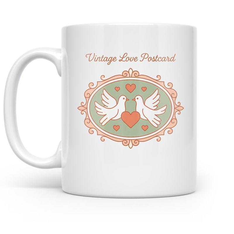 Tailorly White Ceramic 11 oz Mug - Vintage Love Postcard Two Graceful White Birds Centered Within An Ornate Vintage Frame Doves