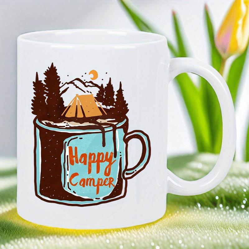 Tailorly White Ceramic 11 oz Mug - Happy Camper Scenic Mountain Landscape With Pine Trees And A Cozy Tent Illustration Mug