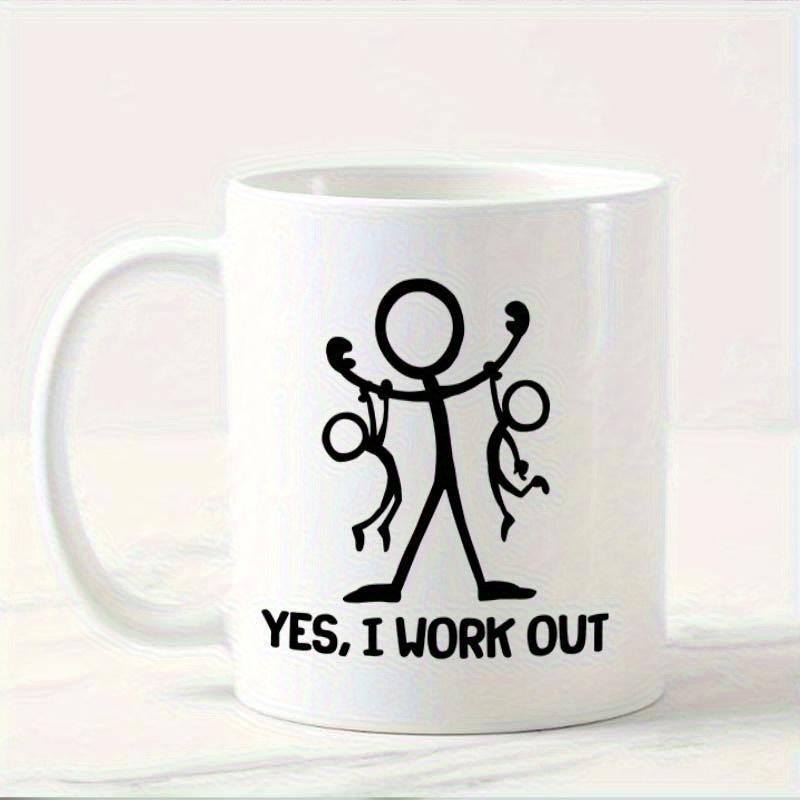 Tailorly White Ceramic 11 oz Mug - Yes I Work Out Humorous Stick Figure Lifting Two Small People As Weights Stickman