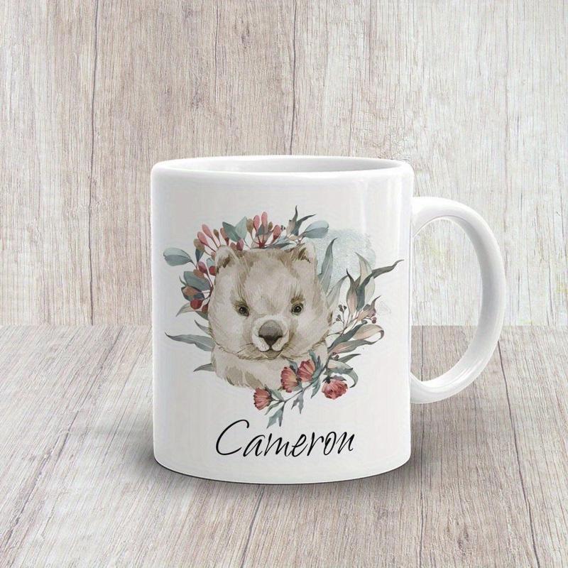 Tailorly White Ceramic 11 oz Mug - Cameron Soft Watercolor Australian Native Animal Surrounded By Delicate Floral Wreath Wombat