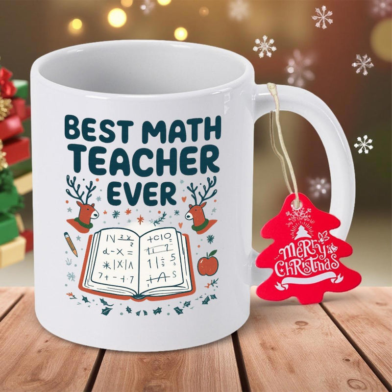 Tailorly White Ceramic 11 oz Mug - Best Math Teacher Ever Open Book With Equations Surrounded By Reindeer And Small School Icons Book
