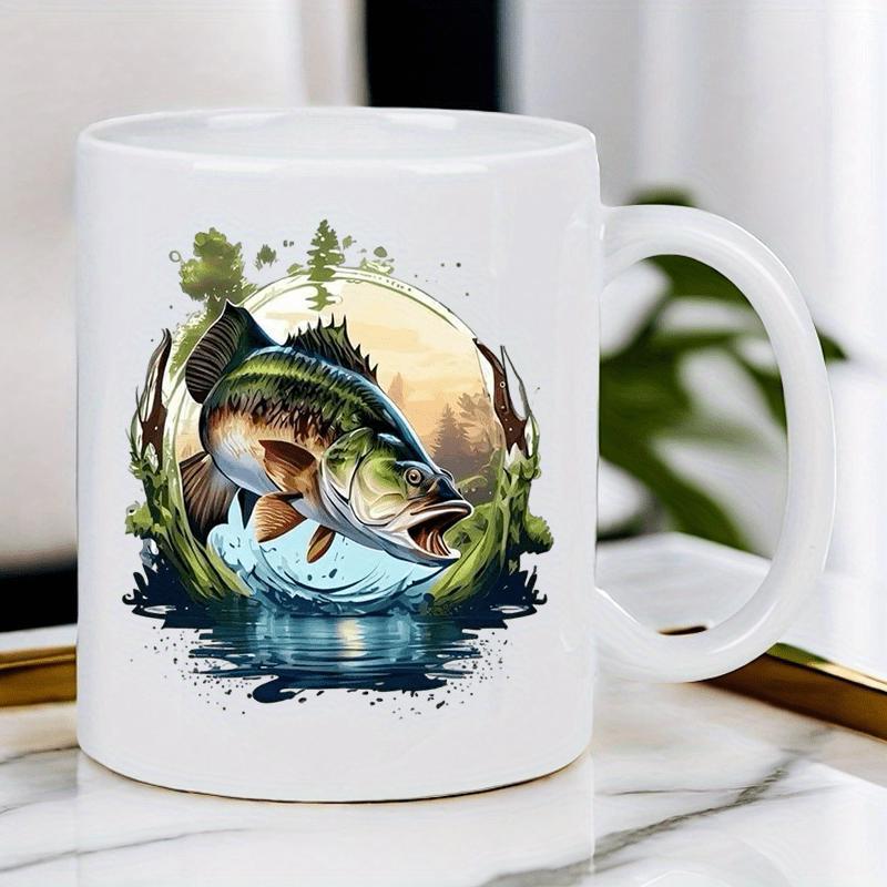 Tailorly White Ceramic 11 oz Mug - Wild Jumping Bass Emerging From Clear Lake Water Near Misty Pine Forest Fish