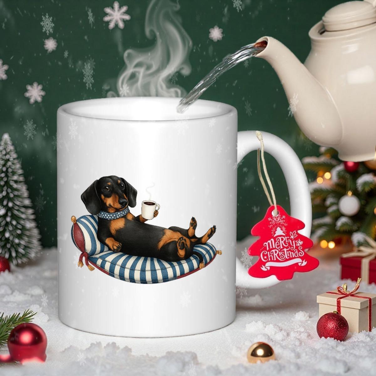 Tailorly White Ceramic 11 oz Mug - Merry Christmas Cozy Black And Tan Dog Resting On Striped Cushion Dachshund